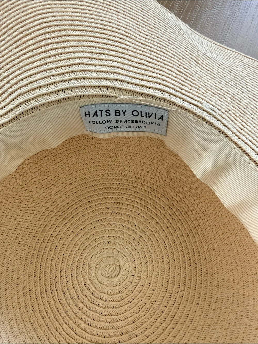 Wide Brim Straw Sun Hat with Black Script and Pom Trim - Cream